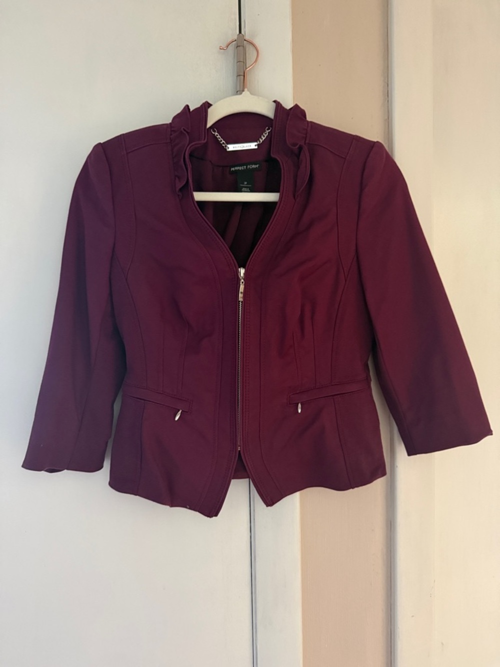 White House Black Market Burgundy Ruffle Collar Zip Jacket